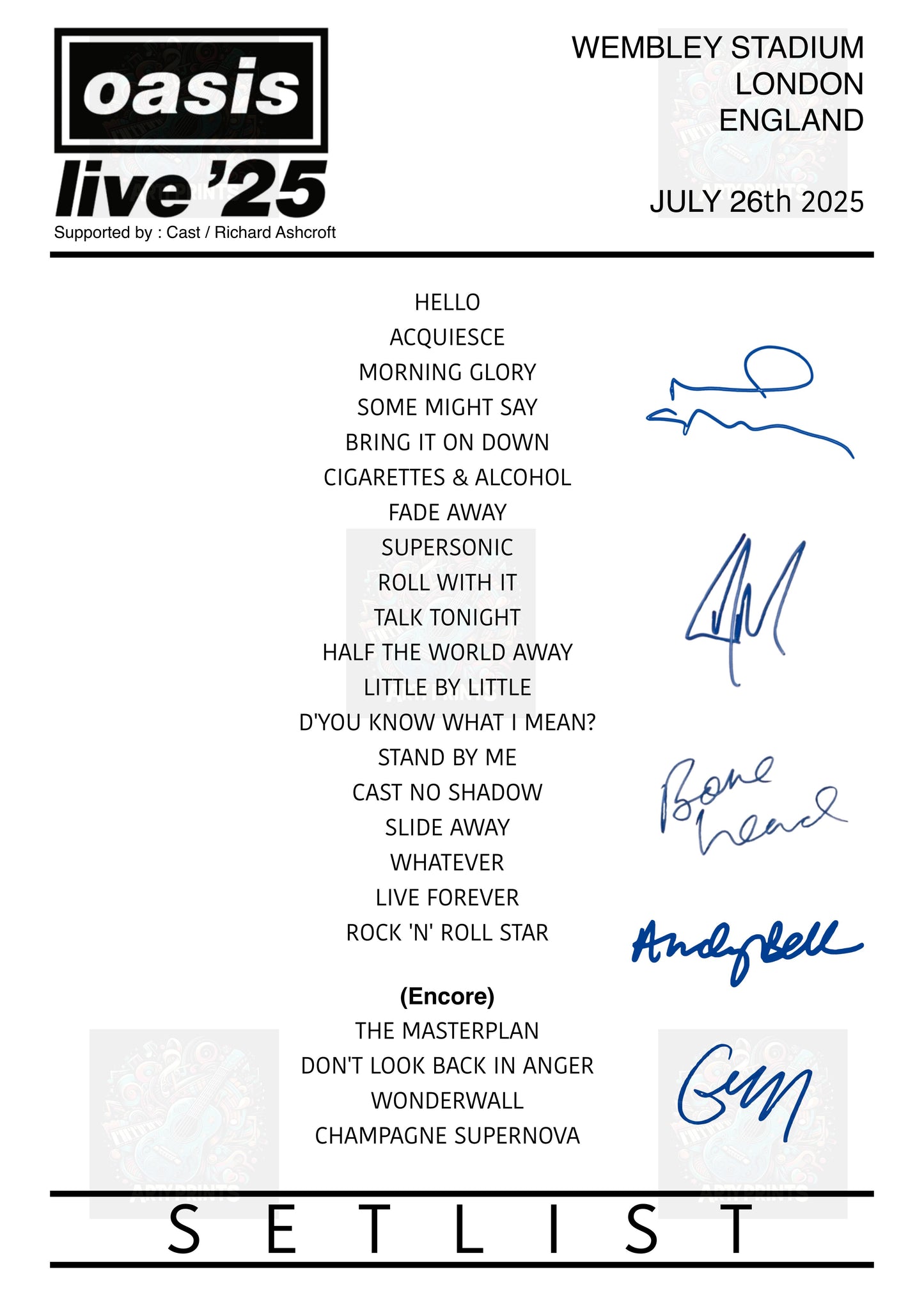 Oasis Live '25 Tour Setlist Poster | Digital Download / A5 A4 A3 A3plus Print