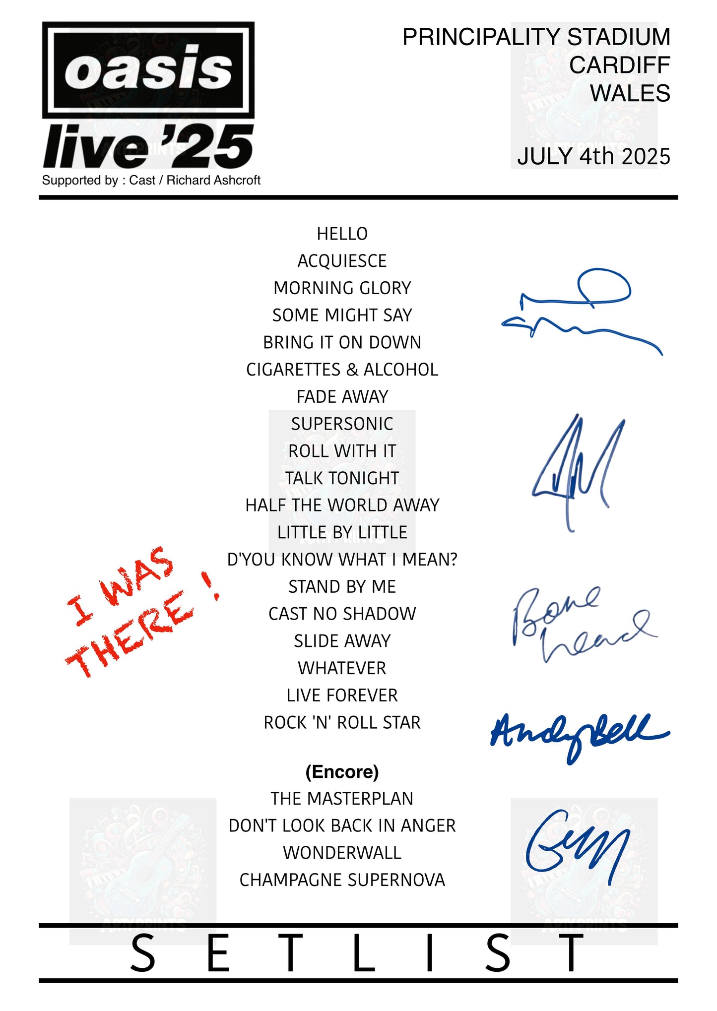 Oasis Live '25 Tour Setlist Poster I Was There ! | Digital Download / A5 A4 A3 A3plus Print