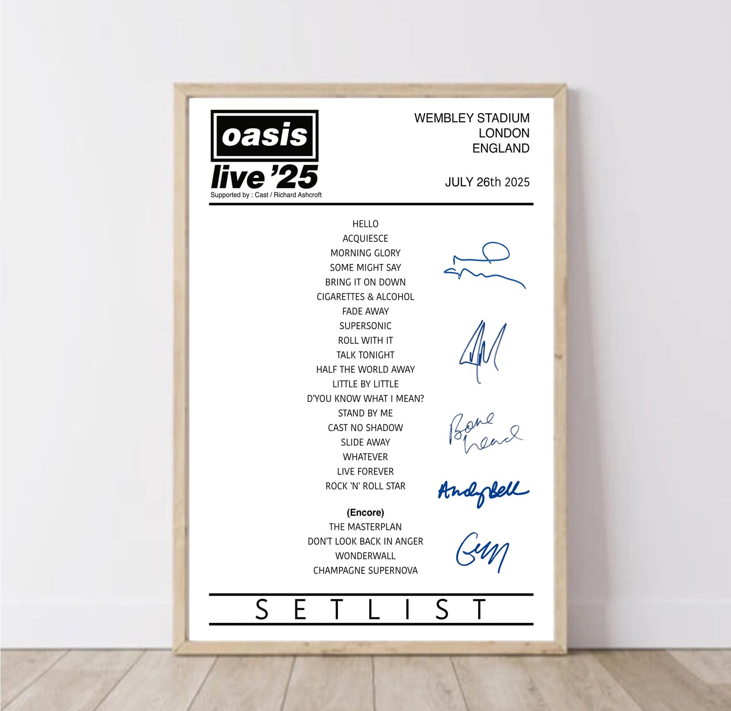 Oasis Live '25 Tour Setlist Poster | Digital Download / A5 A4 A3 A3plus Print