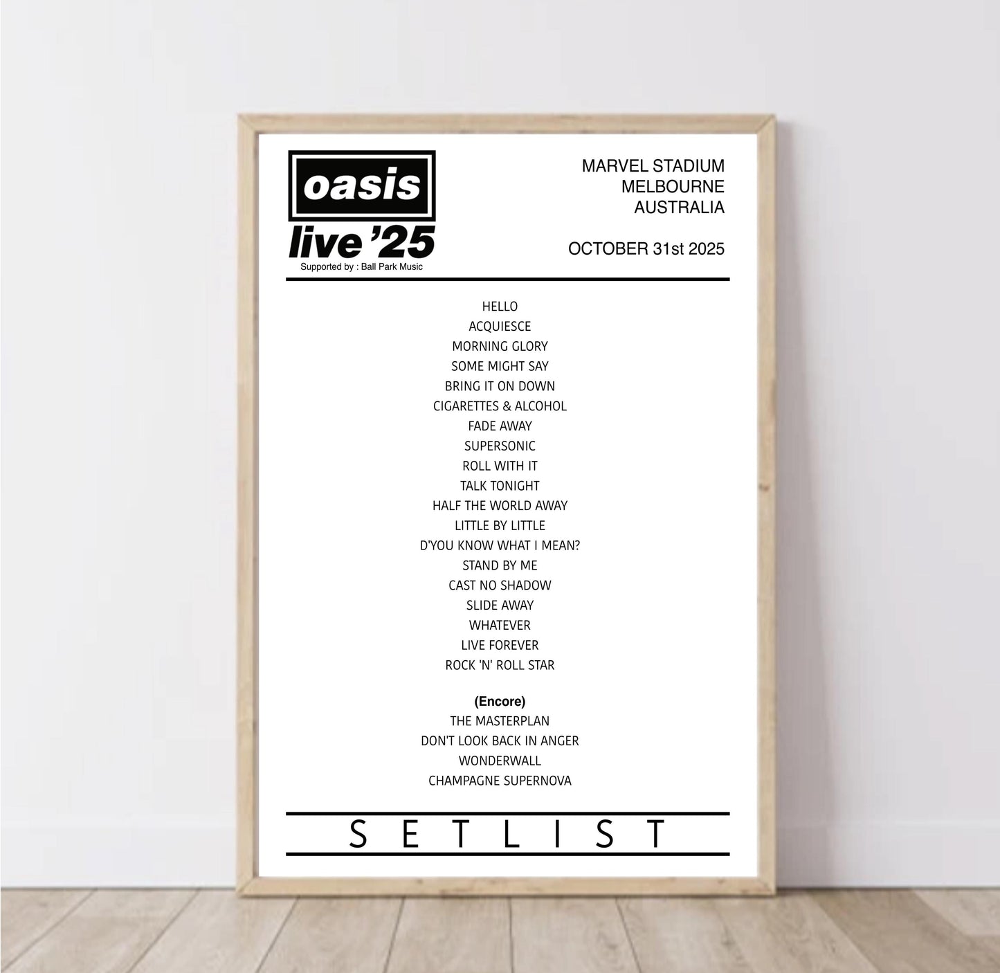 Oasis | Live '25 International Tour Setlist | Digital Download / A5 A4 A3/+ Poster
